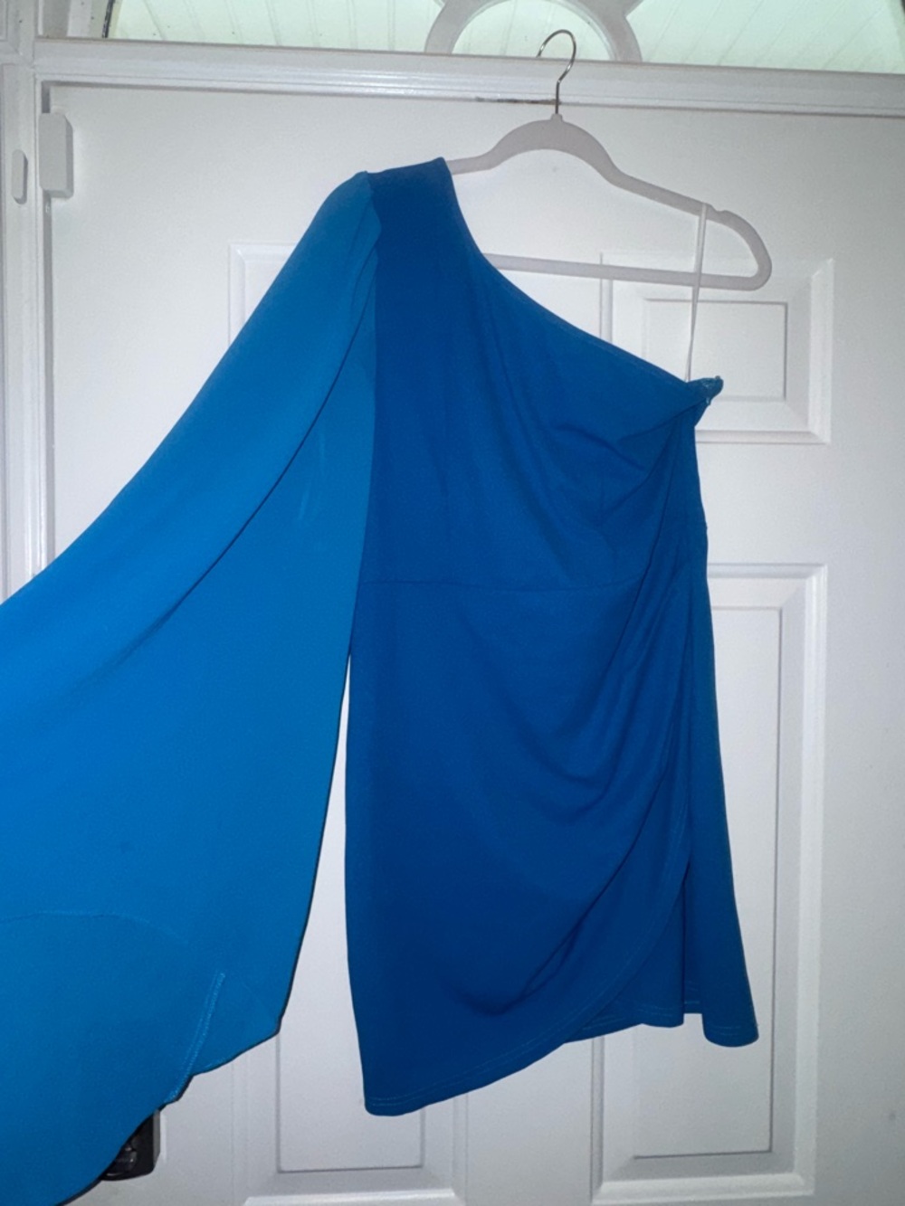 One-Shoulder Blue Dress with Draped Sleeve